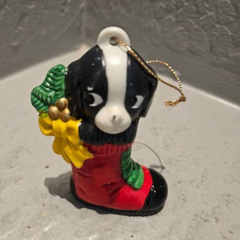 Vintage Ceramic Dog in Christmas Stocking Ornament